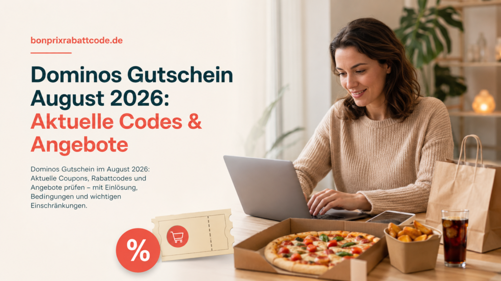Dominos Gutschein August 2026 – Frau bestellt Pizza online und prüft aktuelle Rabattcodes und Angebote.