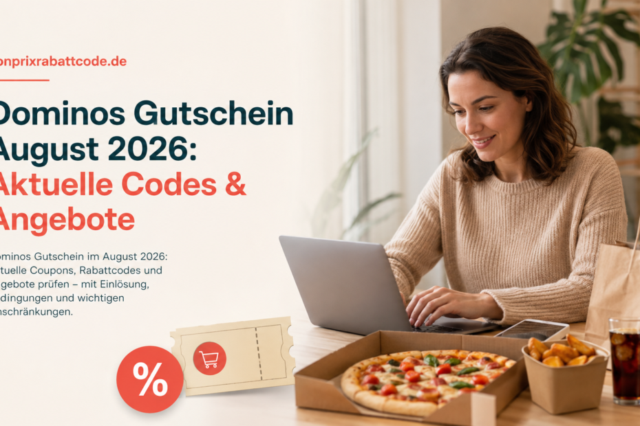 Dominos Gutschein August 2026 – Frau bestellt Pizza online und prüft aktuelle Rabattcodes und Angebote.