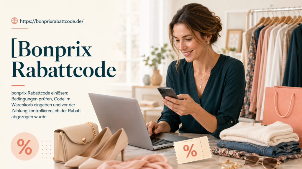 Stilvolle Frau nutzt einen Bonprix Rabattcode beim Online-Shopping für Mode, Schuhe und Accessoires.