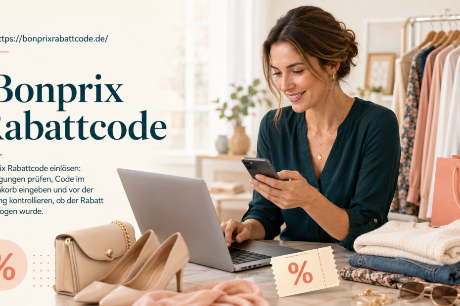 Stilvolle Frau nutzt einen Bonprix Rabattcode beim Online-Shopping für Mode, Schuhe und Accessoires.