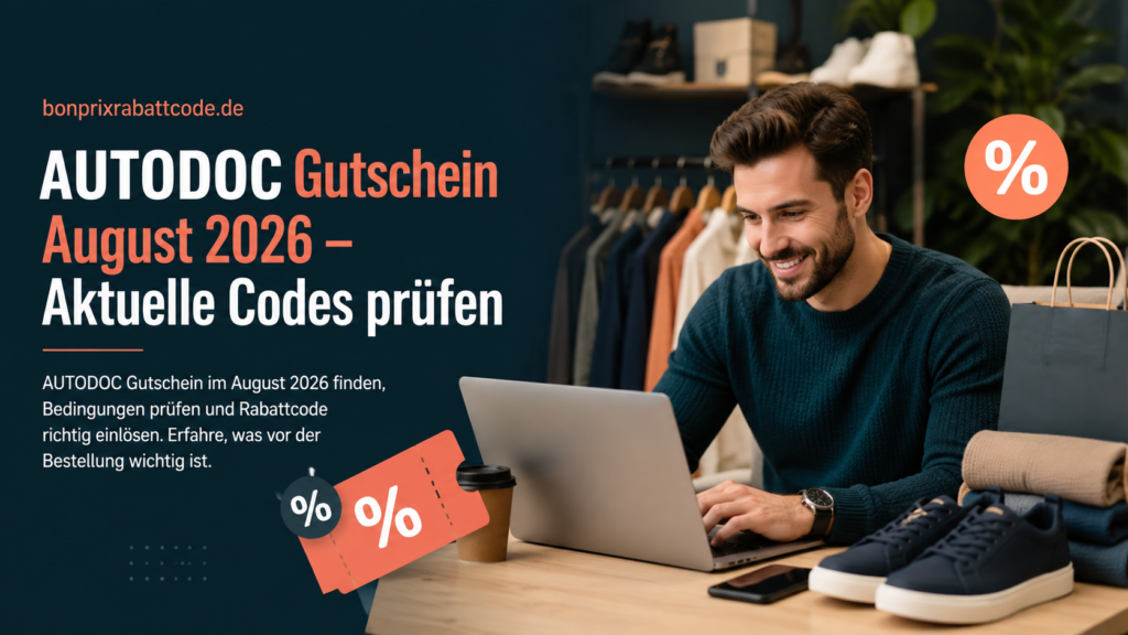 AUTODOC Gutschein August 2026 – Mann prüft Rabattcodes beim Online-Shopping am Laptop