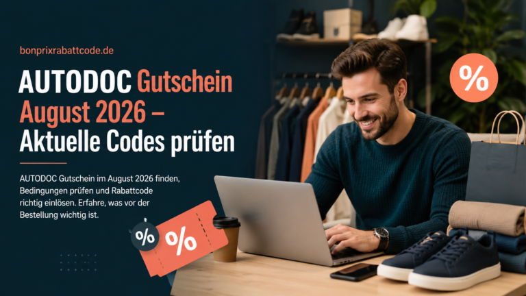 AUTODOC Gutschein August 2026 – Mann prüft Rabattcodes beim Online-Shopping am Laptop