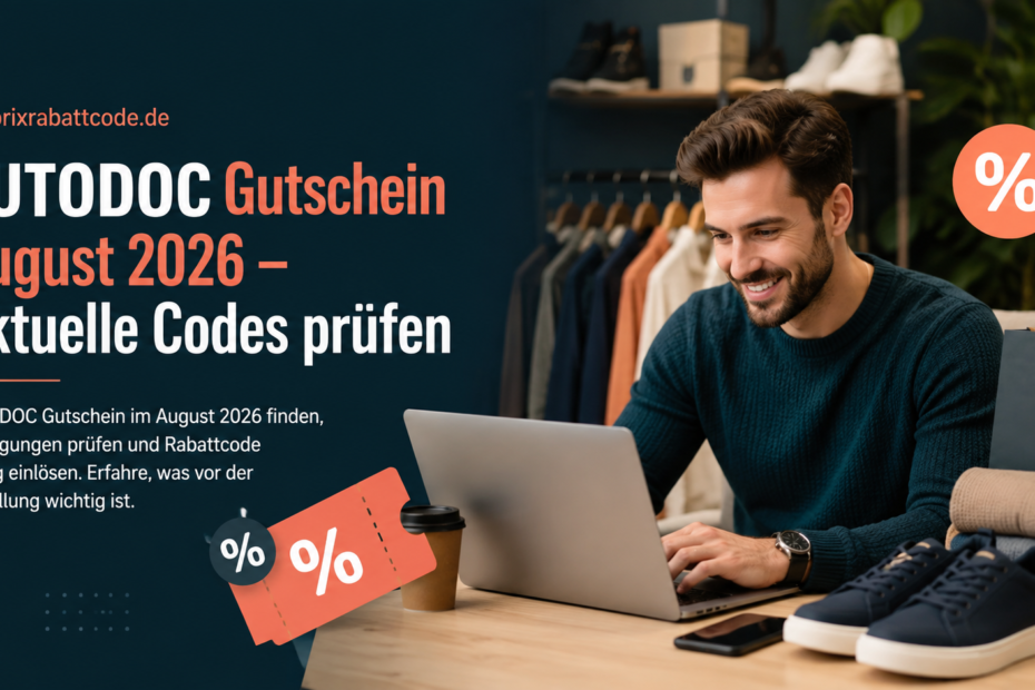 AUTODOC Gutschein August 2026 – Mann prüft Rabattcodes beim Online-Shopping am Laptop