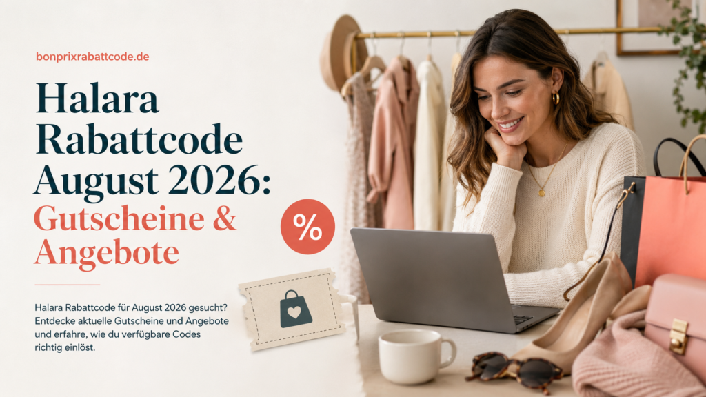 Halara Rabattcode August 2026 – Frau beim Online-Shopping mit Gutscheinen, Mode und Angeboten