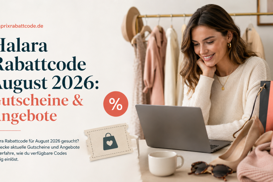 Halara Rabattcode August 2026 – Frau beim Online-Shopping mit Gutscheinen, Mode und Angeboten
