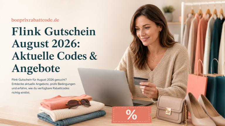 Flink Gutschein August 2026 – Frau beim Online-Shopping mit Laptop, Modeartikeln und Rabatt-Symbol.