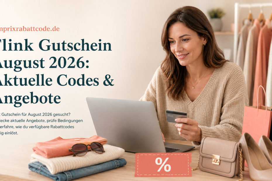 Flink Gutschein August 2026 – Frau beim Online-Shopping mit Laptop, Modeartikeln und Rabatt-Symbol.