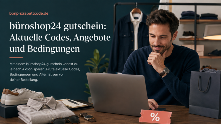 büroshop24 gutschein – stilvoller Mann beim Online-Shopping mit Laptop, Modeartikeln und Rabatt-Symbol.