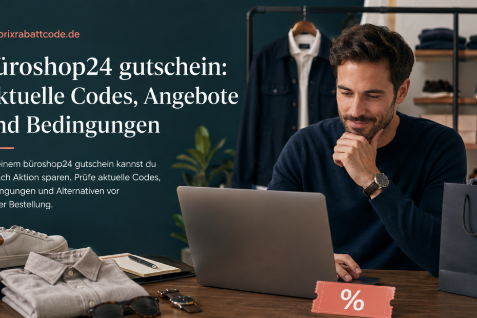 büroshop24 gutschein – stilvoller Mann beim Online-Shopping mit Laptop, Modeartikeln und Rabatt-Symbol.